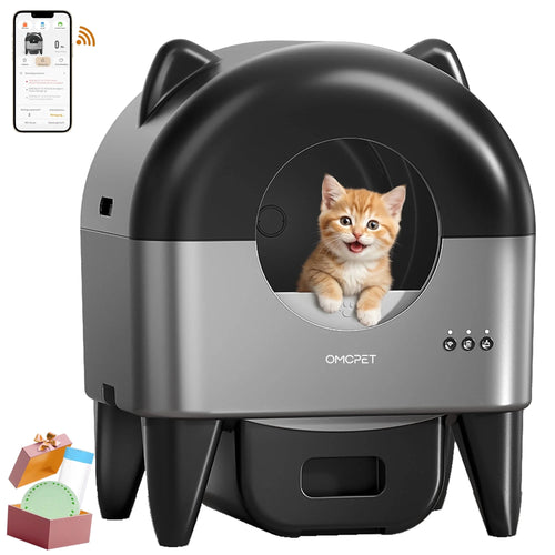 OMCPET Smart Self-Cleaning Cat Litter Box - Automatic, Odor Control, Quiet & App-Controlled for Multiple Cats - 110L with 10 Safety Sensors - Sleek Black Design